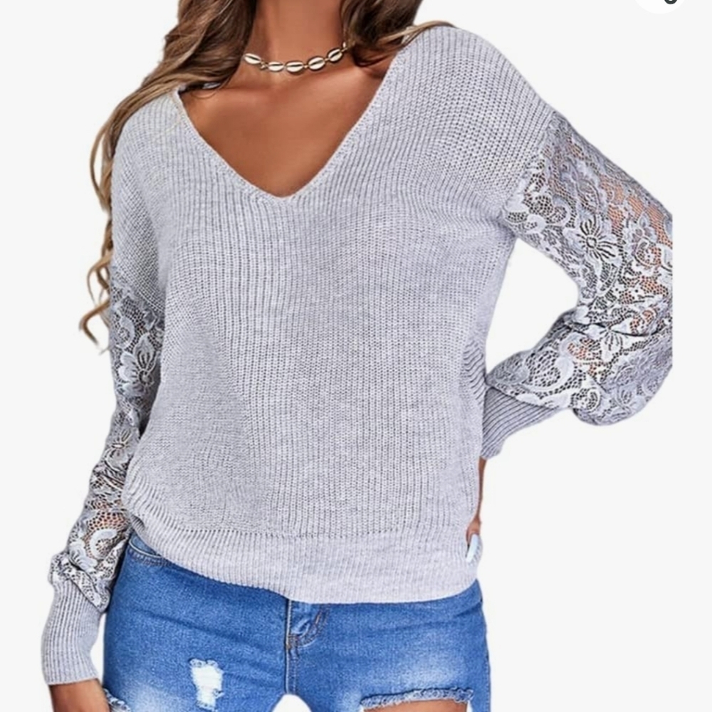 Hdieso V-Neck Long Lace Sleeve Sweater in Grey Size S
